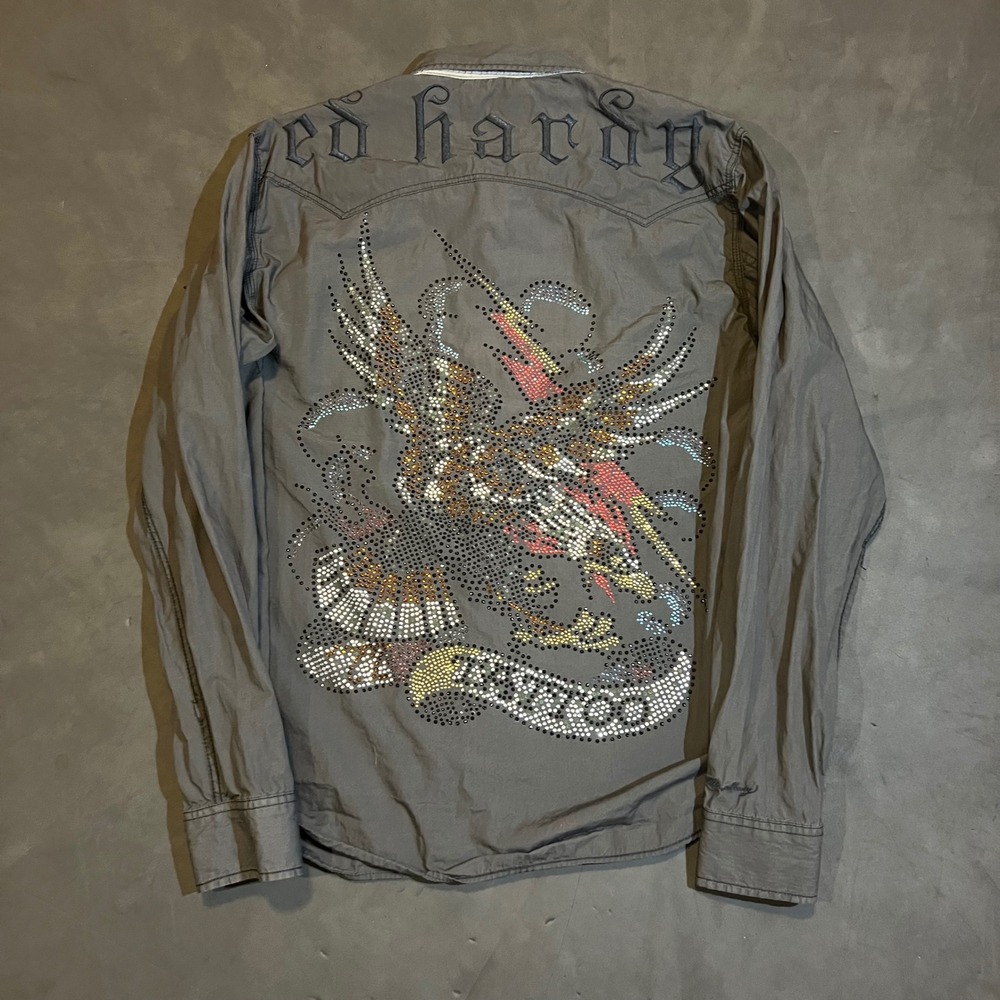 Y2K Ed Hardy Shirts Button Up Shirt Skull Rhinestone Logo Eagle Tattoo Mens L